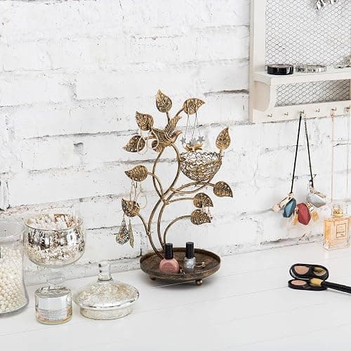 MyGift 14-Inch Bronze-Tone Tree & Bird Nest Earring Stand Jewelry Tower with Ring Trinket Organizing Tray thumbnail 2