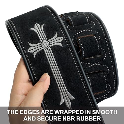 Nefelibata Guitar Strap with Crucifixion Embroidery, 2.7" Wide Double Layer Bavarian Tumbled Cowhide Guitar Strap with Foam Padding for Kids, Male and Female, Acoustic, Bass and Electric Guitars thumbnail 2