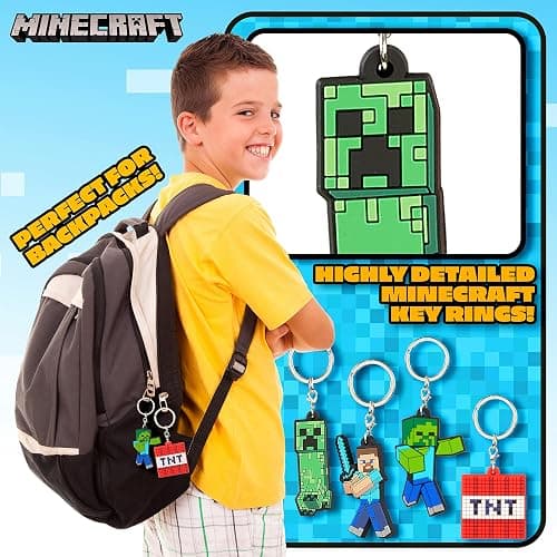 Minecraft Kids Keyrings and Silicone Wristband Set - Creeper Key Chain Set of 4, Collectables Gaming Gifts thumbnail 5