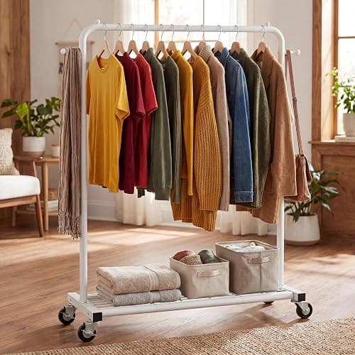 Sywhitta Metal Clothing Rack on Wheels with Mesh Shelf, for Clothes,White | Rolling Garment Rack for Hanging Clothes, Coats, Skirts, 39.76" L x 16" W x 63.78" H,Space-Saving Mobile Organizer for Closet thumbnail 2
