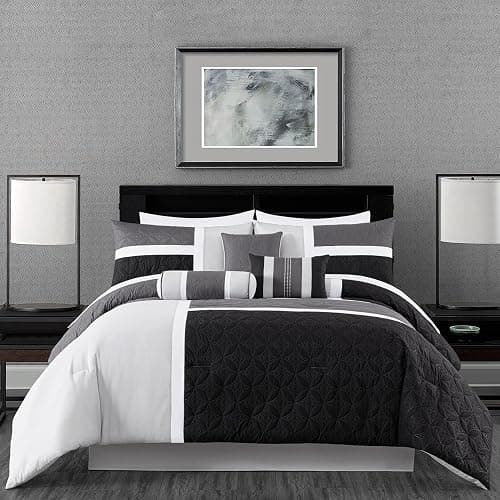 Chezmoi Collection Upland 7-Piece Quilted Patchwork Comforter Set, Black/Gray/Light Gray, King - Image 1