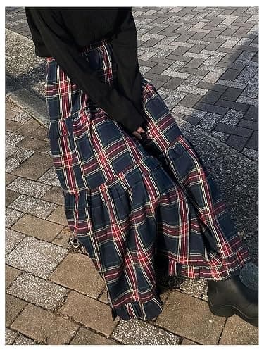 SOLY HUX Women's Plaid Maxi Skirt Elastic High Wasited Tiered Ruffle A Line Flowy Long Skirts thumbnail 2