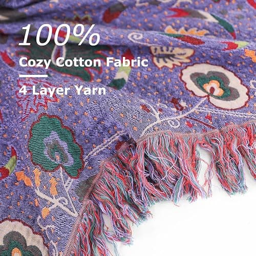 Boho Throw Blanket for Bed 100% Cotton Ultra Soft Rustic Quilt Farmhouse Decor Bed Fall Blanket,All Season Rustic Throw for Sofa Couch Chair (Flower-Purple, 60"×80") thumbnail 7