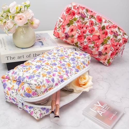 PAZIMIIK Vintage Quilted Makeup Bag Cosmetic Pouch for Brushes Pencils and Travel Make Up Accessories for Women and Girls,Little flower thumbnail 4