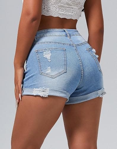 roswear Women's Summer Mid Rise Ripped Denim Shorts Stretchy Butt Lifting Jean Shorts thumbnail 2