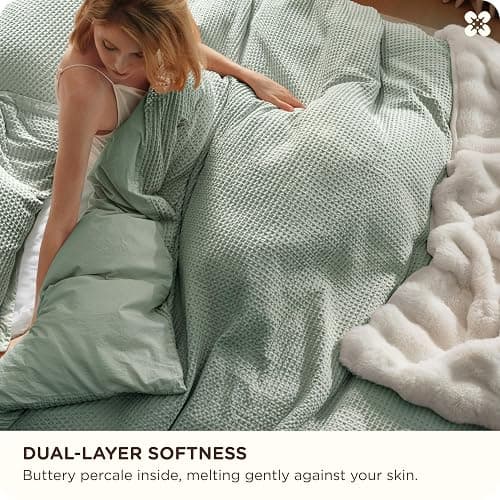 Bedsure Cotton Duvet Cover Queen - 100% Cotton Waffle Weave Sage Green Duvet Cover Queen Size, GentleSoft™ and Breathable Bedding Set for All Season, 3 Pieces, 90"x90" thumbnail 4
