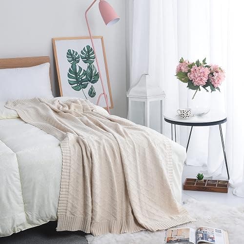 Knit Cotton Throw Blanket Cable Throw 50 x 70 Inch Soft All Season Breathable for Couch Chairs Bed Beach Home Decorative with Silk Bow Tie Package (Beige, Diamond Pattern) - Image 1