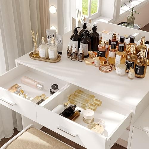 Rovaurx 46.7" Makeup Vanity Table with Lighted Mirror, Large Vanity Desk with Storage Shelf & 5 Drawers, Bedroom Dressing Table, 11 LED Lights, White - White thumbnail 4