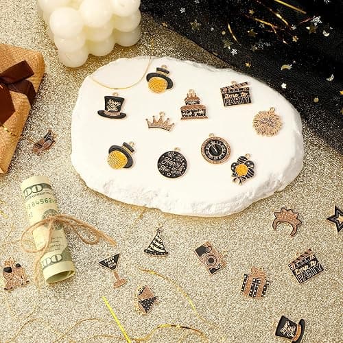 MARFOREVER 40Pcs/20 Pairs New Year Charms for Jewelry Making, New Year’s Eve Clock Hat Star Champagne Flute Glittery Enamel Pendants for Bracelet Necklace Earrings Making Accessories thumbnail 2