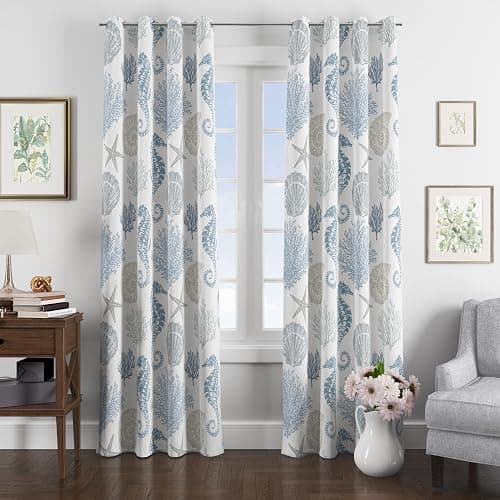 weesire Nautical Coastal Curtains Decorative Beach Ocean Seahorse Coral 50% Light Blocking Sea Darkening Grommet Curtain for Villa Living Room, Bedroom Navy Blue and White 2 Panels Set, 52x84 Inches thumbnail 5
