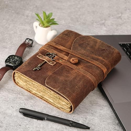 Leather Journal with Unlined Deckle Edge Paper 8x6 inch and Vintage Key | Handmade Writing Notebook Diary | Bound Daily Notepad for Men & Women Medium, Sketch/Writing pad for Artists thumbnail 4