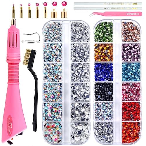 BLINGINBOX Hotfix Rhinestone Setter, Hot Fix Applicator Tool Bedazzler Kit with Rhinestones, Kit, Hot Fixed Wand for Clothes Clothing Fabric Crafts, 4000 Pcs, AB Crystal, Clear,7 Gems Sizes - Image 1