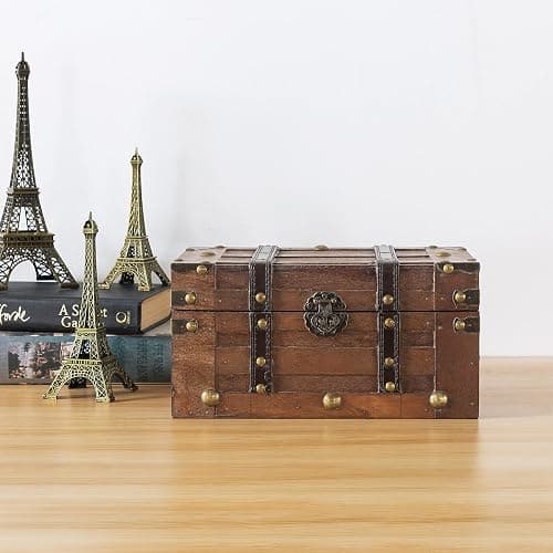 SLPR Alexander Small Wooden Treasure Chest - 11" x 7" x 5.5", Wood Storage Box with Hinged Lid, Decorative Trunk for Keepsakes, Vintage Pirate Chest for Classroom thumbnail 8