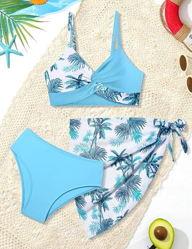 Girls Swimsuit, Bathing Suits 3 Piece Tropical Floral Twist Cross Bikini Sets Girls' Swimwear with Cover Up Skirt 7-16T thumbnail 4
