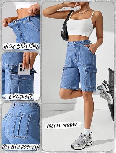 Eddoyee Bermuda Cargo Shorts for Women Casual Long Knee Length High Waisted Stretch Wide Leg Relaxed Fit thumbnail 4
