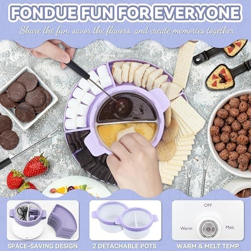 Party Desserts Electric Fondue Pot Set with 2 Pots, Melting Chocolate Warmer for Dipping, Candy & Chocolate Melting Pot, Fondue Pot Electric Set, Fondue Forks Included, 2.5 Cups, Lavender thumbnail 4