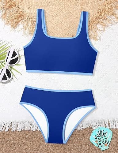 NECIOUS Teen Girls Swimsuits Two Piece Sporty Bikini Sets Color Contrast Trim Adjustable Straps Swimsuit with Chest Pad thumbnail 6