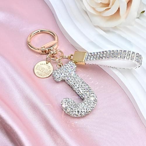 Pink Blue White Initial Letter Keychain Gift for Women Girls Bling Sparkly Cute Backpack Car Key Accessories Lanyard thumbnail 3