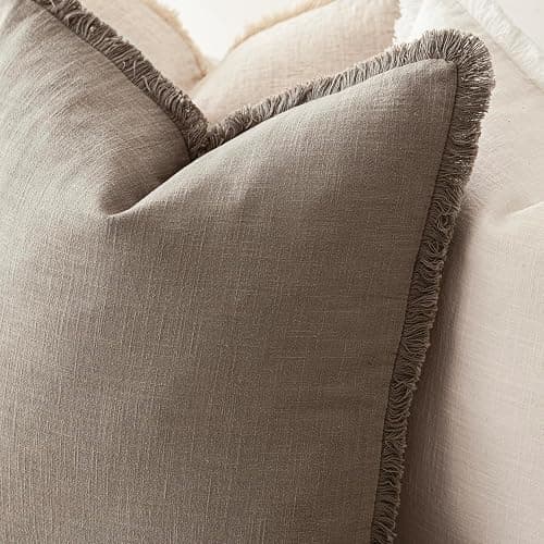 Foindtower Set of 2 Decorative Linen Fringe Throw Pillow Covers Boho Farmhouse Cushion Cover with Tassels Soft Accent Pillowcase for Couch Chair Sofa Bed Living Room Home Decor,20×20 Inch,Brown Tan thumbnail 5