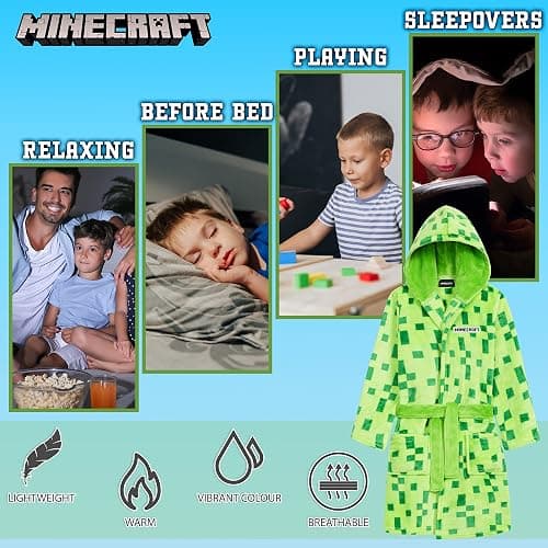 Minecraft Bath Robe for Boys, Teens Hooded Fleece Robe Cozy Loungewear Soft Nightwear Creeper Gamer Gifts for Kids thumbnail 5