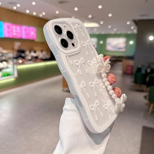rozouai Compatible for iPhone 15 Plus Case for Women Girls,Cute Bowknot Pattern Curly Wave Wavy Frame Shape Shockproof Soft with Bowknot Bracelet Chain thumbnail 4