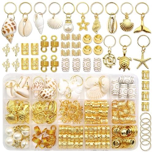 VENOFEN 149Pcs Shell Hair Jewelry Gold Loc Cuffs Rings Natural Conch Starfish Braids Clips Pearl Dreadlock Charm Hair Tube Beads Accessories for Women and Girls - Image 1