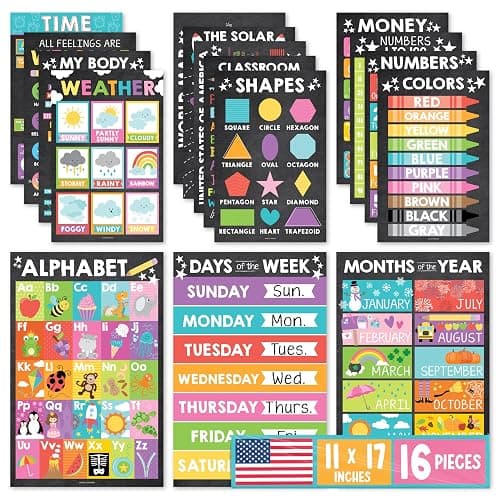 Hadley Designs 16 Educational Posters for Classroom Decor - Chalkboard Educational Posters for Toddlers 1-3, Toddler Learning Poster for Kids Ages 3-5, Kindergarten & Preschool Classroom Must Haves - Image 1
