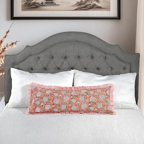 Ridhi Dark Salmon Pink 100% Cotton Block Print Ruffle Lumbar Sham Cover Handmade Boho Floral Pillowcase, Farmhouse Cottagecore Bedding, Soft Decorative Cushion Cover for Bedroom Décor 14 x 36 Inch thumbnail 4