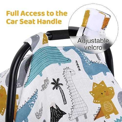 Rquite Dinosaurs Carseat Cover - Muslin Cotton Infant Car Seat Canopy, Breathable Baby Carrier Cover, Summer Stroller Sun Shade thumbnail 4