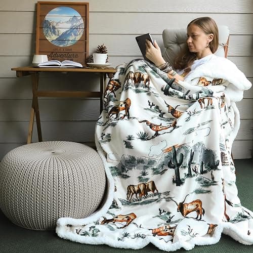 Indigo Hill by HiEnd Accents Ranch Life 3 Piece Sherpa Throw Blanket Set, Cowboy Cow Longhorn Horse Cowgirl Print Fleece Throw Set, Western Rustic Style, 1 Throw and 2 Pillows thumbnail 2
