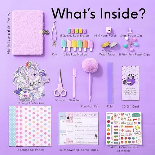 Happy LolliME Purple DIY Journal Kit for Girls – 300+ Pieces! Lockable Fuzzy Diary, Markers, Stickers & Empowering Pages – Gift Box for Tweens & Teens – Creative Journaling Set thumbnail 3