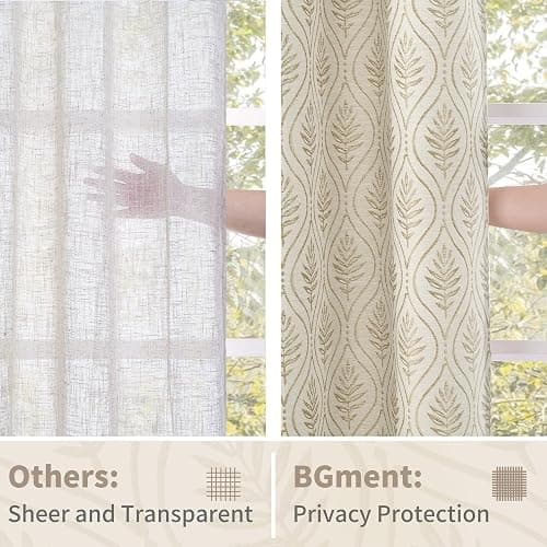 BGment Beige Linen Curtains for Living Room, French Country Leaf Jacquard Botanical Pattern Cottage Core Boho Vintage Grommet Light Filtering Semi Sheer Linen Curtains, 2 Panels, 52 x 84 Inch thumbnail 5