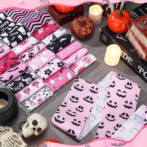 Hosuly 40 Pcs Pink Halloween Fabric Patchwork Roll Halloween Pumpkin Ghost Fabric Quilting Strips 2.55 Inch Boo Precut Patchwork Roll for Sewing DIY Craft Home Party Decor thumbnail 3