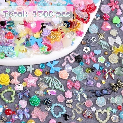 1500Pcs 3D Nail Charms for Acrylic Nails, Resin Butterfly Flower Star Heart Bow Charms Flatback Pearls Rhinestone Metal Gems Charm for Nail Art Design DIY Crafts (1500Pcs-Color) thumbnail 3