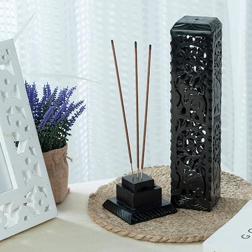 Crocon Black Marble Soapstone Incense Stick Burner Square Shape Leaf & Half Wheel Carving Tower Burner | Tea Light Candle Holder | Decorative Home & Kitchen Size - LxWxH 3X3X11 Inch thumbnail 4