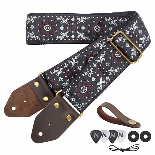 Nefelibata Guitar Strap,Jacquard Embroidery Cotton Guitar Straps with Crazy Horse Leather Ends for Bass, Electric & Acoustic, Best Gifts for Kids, Guitarists(Brown flower embroidery) - Image 1