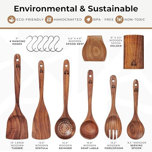 Wooden Utensil Set 8 Pcs – Sturdy & Easy to Clean, Natural Teak Wooden Spoons for Cooking – Non-Scratch Cooking Utensils with Spatula, Turner, Ladle, Spoons, Holder, Spoon Rest, 6 Hooks Kitchen Gifts thumbnail 5