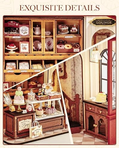 Rolife Dessert Shop DIY Miniature Dollhouse Kit Creative Gift for Adults | 1:18 Scale Vintage French Tiny House with LED Light, Wooden 3D Puzzle Model Kit, Diorama Craft Set for Home Decor Display thumbnail 4