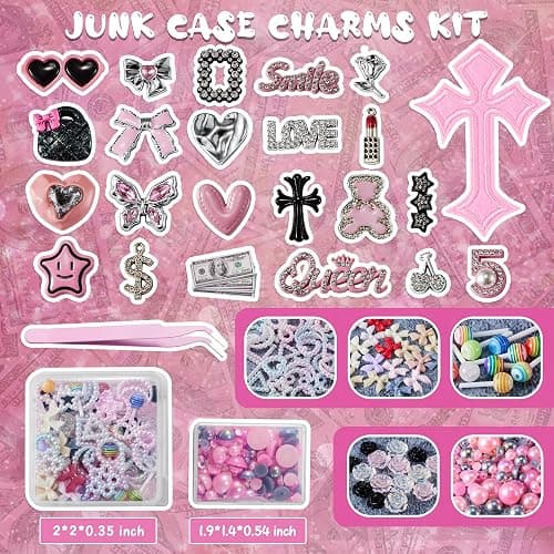 XHYMIA Junk Case Charms Kit, Junk Phone Case with Big Charms, Nail Bow Pearl Flatback Resin Charm for DIY Crafts thumbnail 2