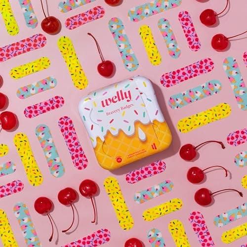 Welly Bandages | FSA Eligible | Adhesive Flexible Fabric Bravery Badges | Assorted Shapes for Minor Cuts, Scrapes, and Wounds | Colorful and Fun First Aid Tin | Ice Cream Patterns - 48 Count thumbnail 8