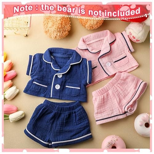 Hungdao 2 Sets Bear Clothes Stuffed Animal Accessories Pink and Blue Bear Pajamas Clothes Double Layer Muslin Short Sleeve Top and Bottom Pajamas Fits Most 14-18 Inch thumbnail 2