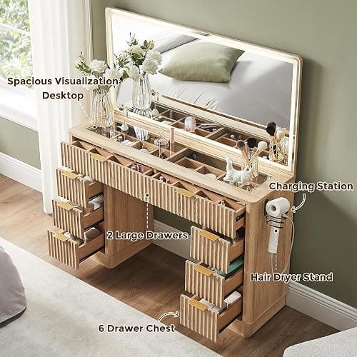 T4TREAM 48" Fluted Makeup Vanity Desk with Large Led Lighted Mirror, Modern Vanity Table with 8 Drawers & Charging Station, Glass Top Dressing Table for Bedroom, Natural Oak thumbnail 4