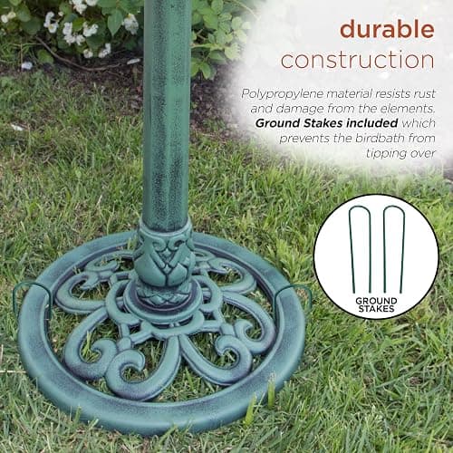 Alpine Corporation TEC116 Outdoor Aged Green Pedestal Birdbath with Scrollwork, 28" Tall, Green thumbnail 9
