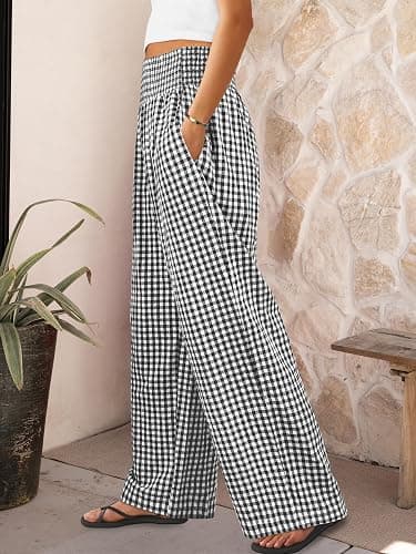 ANRABESS Womens Striped Gingham Wide Leg Palazzo Pants with Pockets | Smocked High Waisted Pajama Pants, Lounge & Casual, Fall Spring Summer Loungewear, Cute Pj Pants thumbnail 3