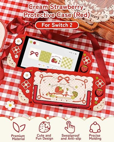 GeekShare Strawberries with Cream Case Compatible with Switch 2, Slim Separable Soft Silicone Protective Shell with 2 Thumb Grip Caps -- Red thumbnail 2