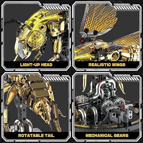 Mechanical Bee Building Set for Adults, Technic Animal Building Block Insect Model with Lights & Moving Wings, Golden Robot Bee Collectible Toy Kit, Creative Display & Gift Idea, 832Pcs thumbnail 4