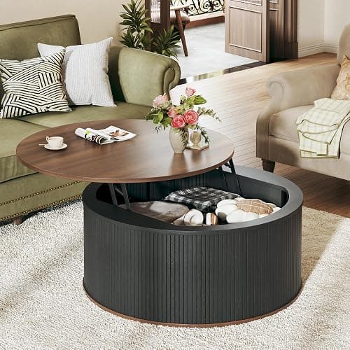 HUAHUU Round Coffee Table with Storage, 31.5" Lift Top Coffee Table, Mid Century Modern Coffee Tables for Living Room, Apartment Office, Fluted Table with Rustic Wood Desktop thumbnail 6