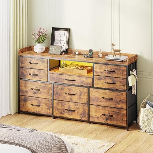 Dresser for Bedroom with LED Lights & Charging Station & 4 Hooks 11 Drawer Dressers & Chests of Drawers Long Fabric Dresser TV Stand for 60 inch TV for Entryway 11.8"D x 47.2"W x 31.5"H Rustic Brown thumbnail 8