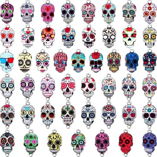 MTLEE 100 Pieces Halloween Sugar Day of The Dead Charms Enamel Skull Pendants Alloy Colorful for DIY Necklaces Bracelets Bangles Key Chains Earring Jewelry Accessories - Image 1