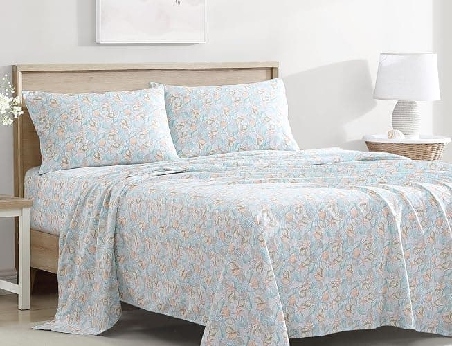 Coastal Print 3 Piece Twin Microfiber Sheet Set, Coco Pastel | Coastal/tropical theme polyester microfiber set with 12" deep pocket fitted elastic sheet thumbnail 2